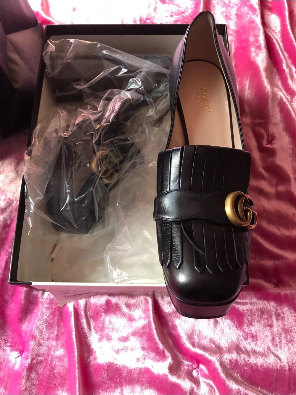 Black Leather Platform Loafer with Gold Hardware